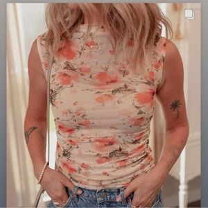 Floral Sleeveless Top - Peach and Green